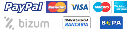 Medios de pago aceptados: PayPal, Mastercard, Visa, Maestro, American Express, Bizum, transferencia bancaria y SEPA